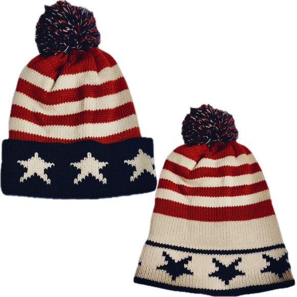 American Flag Knit Colorblock Beannie with Pom Unisex Cap - Picture 3 of 4